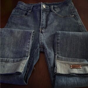 Women's Straight Leg Dark Blue Jeans with Rolled Hem